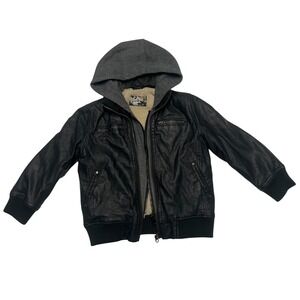 First‎ Wave Boys Black Faux Leather Sherpa Lined Hooded Bomber Jacket Size 4/5